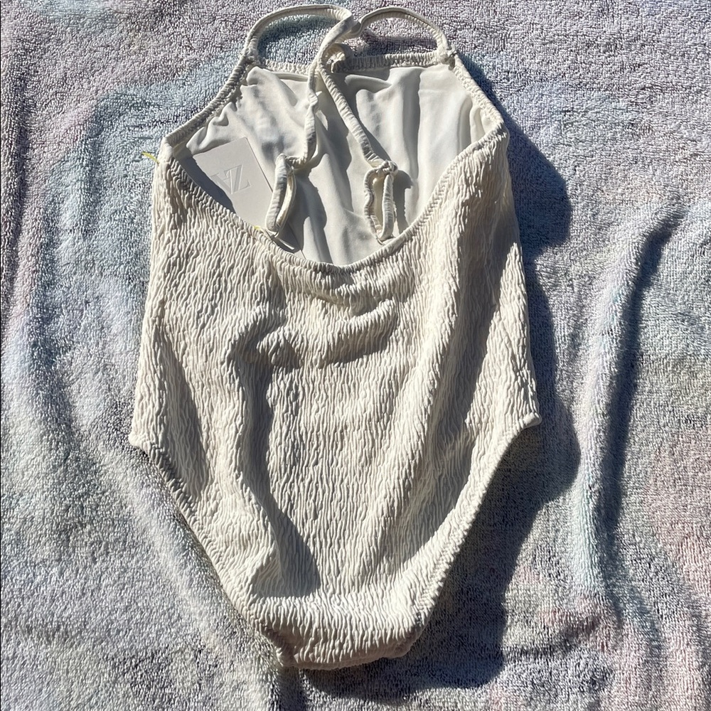 Zara Kids Cream Textured Girlcore Swimsuit Navy Sea Fruit Motif Embroidered SZ 5 - Picture 6 of 9